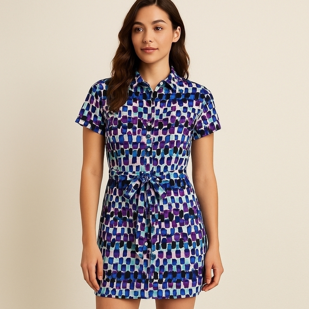 Shoshanna Nwot Geometric Print Belted Mini Shirt Dress Size 6 Women's